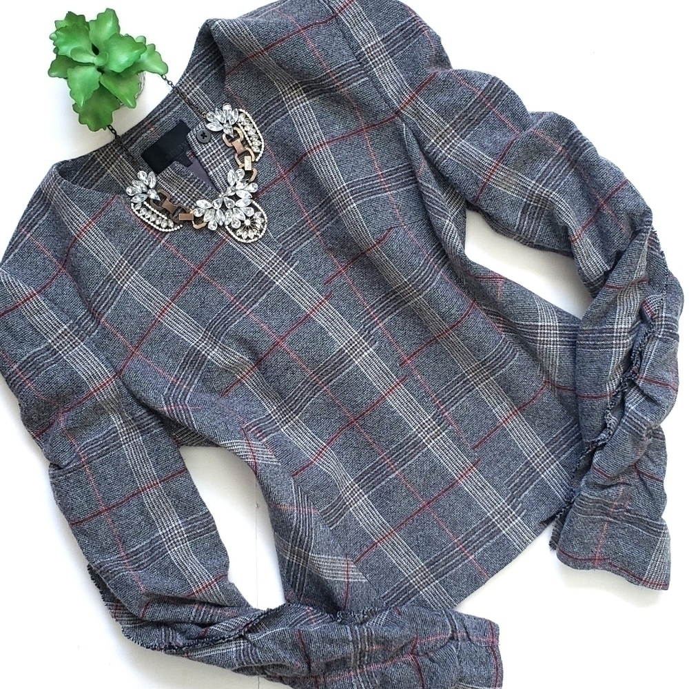 Intermix Kiara Plaid Jacket Blazer Wool Ruched Ruffle Sleeve Size Small